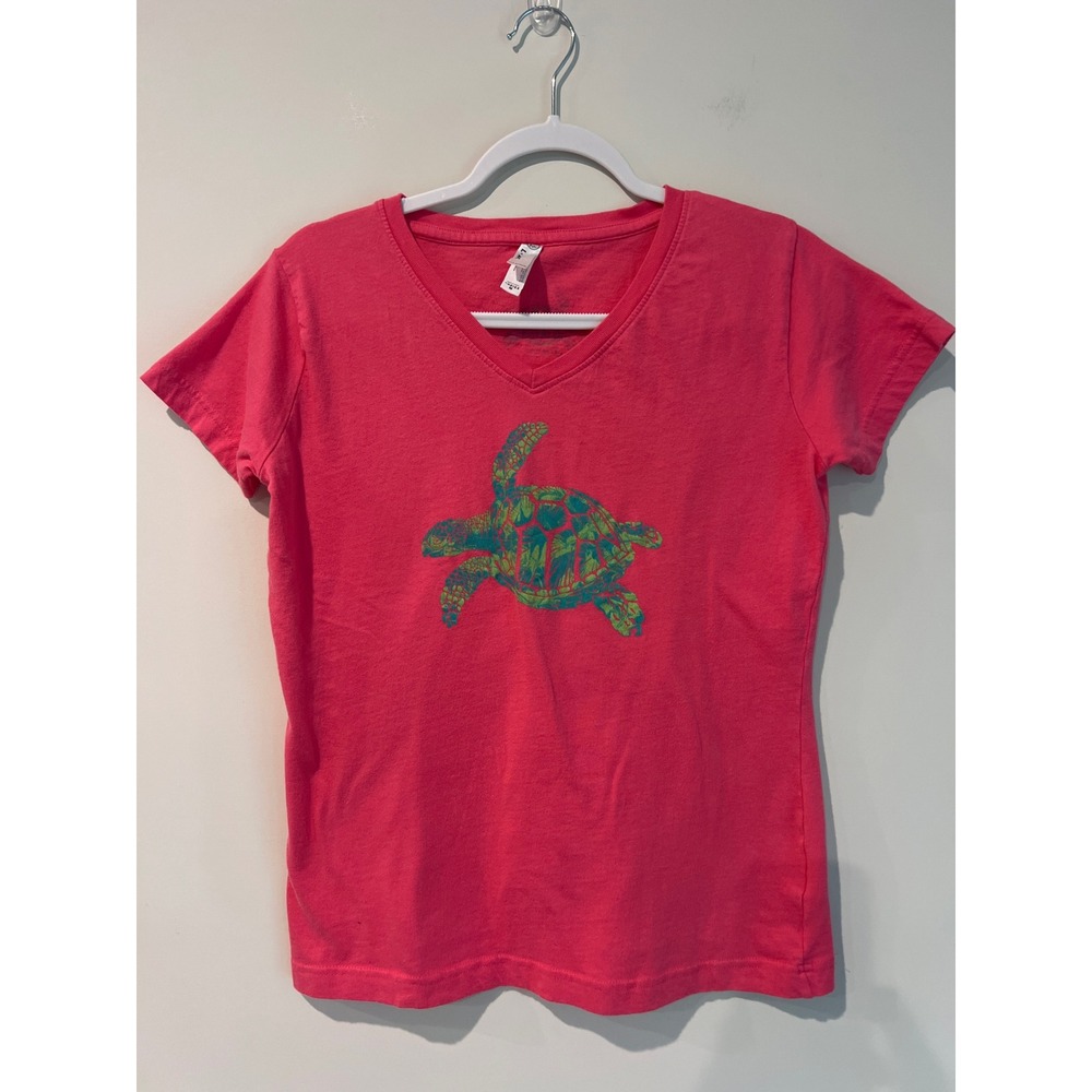 LAT Apparel Womens Pink Sea Turtle Graphic V-Neck Cotton T-Shirt Size Medium